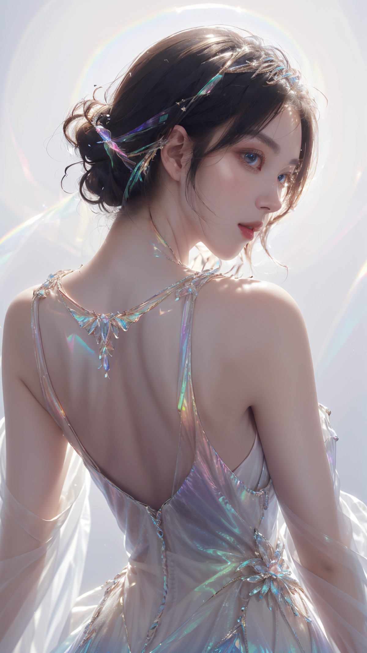 1girl,evening dress, jewelry, iridescence,  <lora:liuli3beta:1.5>, look back, upper body, white background